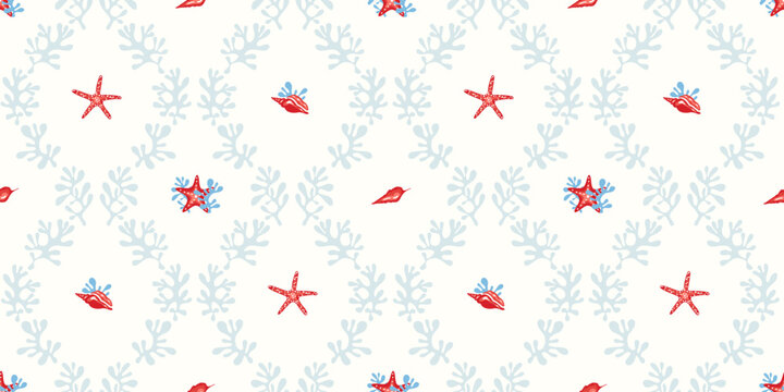 Coastal, beach, seaside home decor concept, marine life, nautical seamless pattern. Red starfish, shell on white background with pale blue coral lattice motif. Summer texture for stationery project