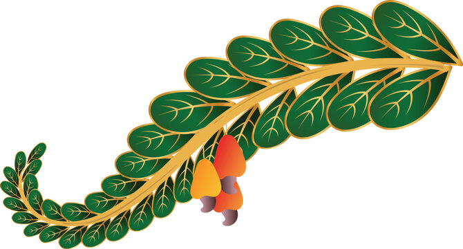 Sri Lankan Erabadu Flower Branch Vector &ndash; Traditional Sinhala New Year Floral Symbol with Green Leaves and Red Blossoms