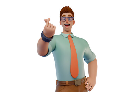 3D Cartoon Man Making Korean Finger Heart Gesture