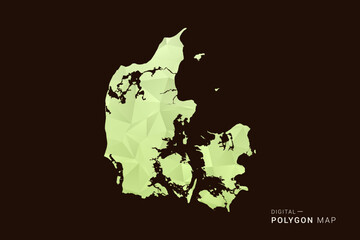 Obraz premium Denmark Map - Low poly polygon map in soft light green gradient on dark brown background, modern minimal geometric style, clean abstract vector illustration design.