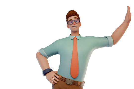 Confident relaxed 3D cartoon businessman character standing leaning against invisible wall