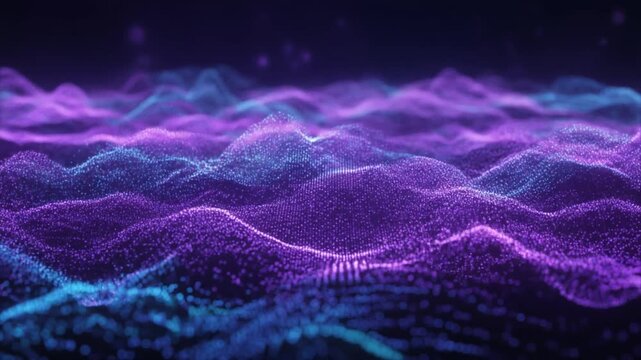 Abstract digital wave background with glowing purple and blue particles creating futuristic landscape