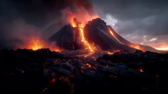 Outdoor exploration adventure. A dramatic portrayal of a volcanic eruption. The main subject is a towering mountain with molten lava cascading down its peak. The lava is a vivid orange and red.