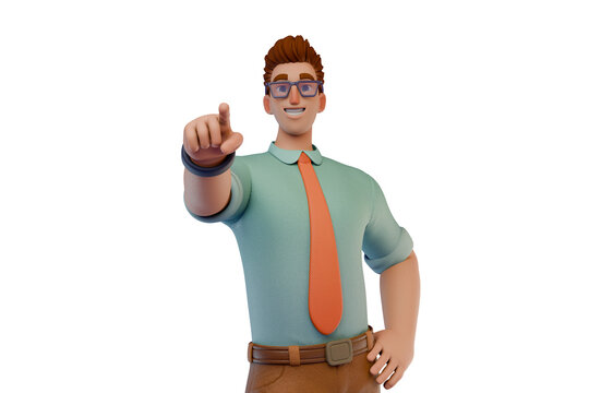 3D cheerful cartoon businessman pointing forward with finger, showing direction on you