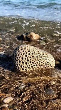 Discover petoskey stones on the shore of lake michigan in early morning light