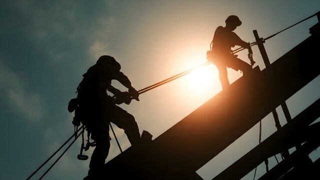 Rising beam with diagonal safety lanyards and starburst sun featuring steel erectors in ultra realistic safety focused artwork