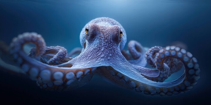 Octopus underwater closeup with detailed texture and tentacles spread in deep blue ocean environment, marine animal swimming and exploring natural habitat.
