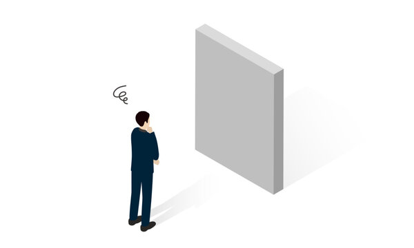 Business Challenge Concept with Man Thinking in Front of Barrier Isometric Illustration