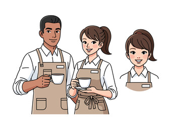 Obraz premium Professional cafe staff vector illustration, smiling baristas in aprons holding coffee cups, diverse restaurant service workers character set