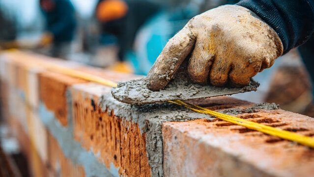Bright clarity concept title of cement stained glove and terracotta blocks with crisply defined yellow string line