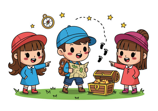 Cute cartoon kids treasure hunt adventure, happy children explorers with map and golden chest, little scouts hiking and finding gold vector