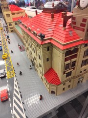 Obraz premium Lego city railway station houses in Praha. Czech Republic, Prague - October 31, 2025