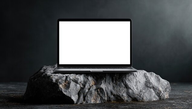 Modern laptop displayed on a rough, textured stone pedestal