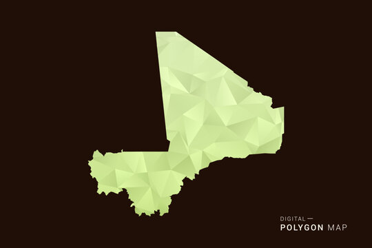 Mali Map - Low poly polygon map in soft light green gradient on dark brown background, modern minimal geometric style, clean abstract vector illustration design.