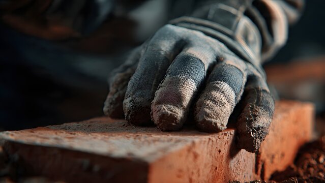 Close macro shot framing only the brick corner, cement squishing slightly as a grey glove presses down