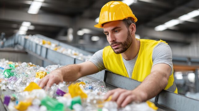 Worker sorts plastic waste at recycling facility on conveyor belt during work shift