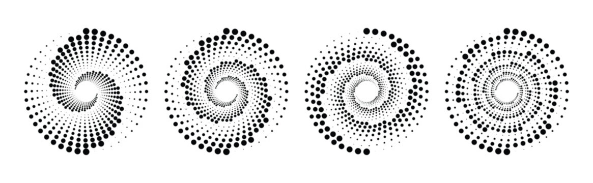 Abstract halftone spiral dotted circle set, radial dot vortex swirl pattern, modern monochrome geometric rotation design isolated