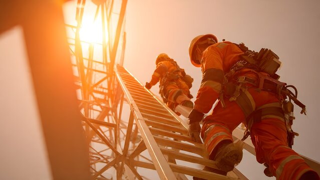 Workers with overhead anchors climbing corrugated roof frame under intense sunlight, reflective PPE emphasizing safety and diligence