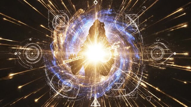 Silhouette figure playing flute against swirling cosmic background