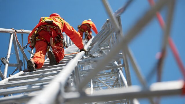 Clean architectural concept of riggers scaling polished steel lattice in full PPE to visualize professional safety and trust at height