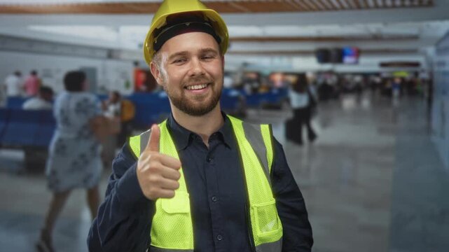Man builder in hardhat and high visibility vest cupping hand to ear in busy airport terminal; friendly helpful service.