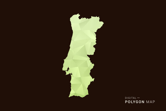 Portugal Map - Low poly polygon map in soft light green gradient on dark brown background, modern minimal geometric style, clean abstract vector illustration design.