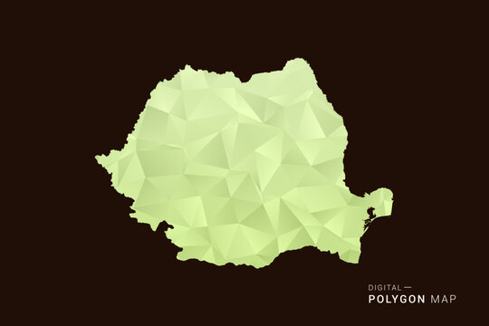 Romania Map - Low poly polygon map in soft light green gradient on dark brown background, modern minimal geometric style, clean abstract vector illustration design.