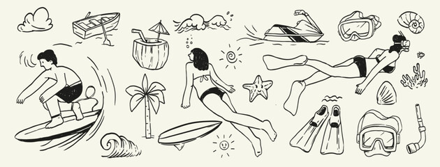 Fototapeta premium summer water sports doodle set with surfing, diving, snorkeling, swimming and ocean elements. Active vacation lifestyle illustration perfect for travel, sport and beach themes.