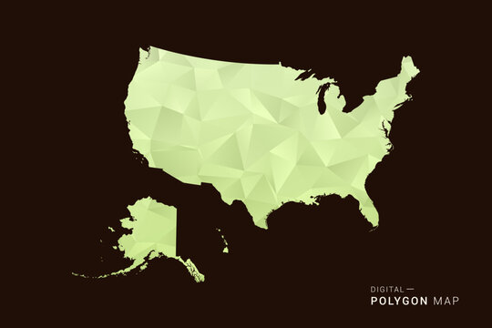 United States of America Map - Low poly polygon map in soft light green gradient on dark brown background, modern minimal geometric style, clean abstract vector illustration design.