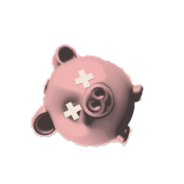 Dead piggy bank with crossed eyes concept. Financial crash and bankruptcy retro halftone collage. Vintage pop art vector illustration for economic crisis, lost savings and inflation metaphor.
