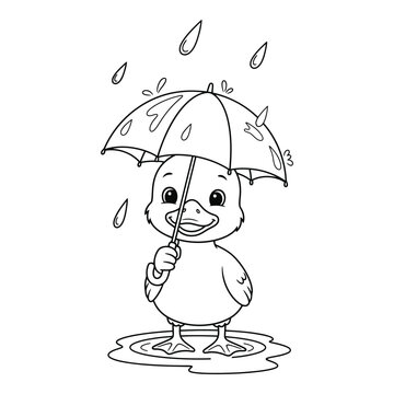 Vactor file on a cute cartoon duckling holding an umbrella on a rainy day. Coloring book Design