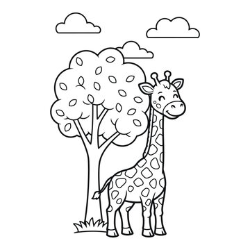 Vactor file on a black and white illustration of a giraffe standing next to a tree with clouds in the background. Coloring book Design