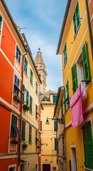 Obraz premium colorful buildings in a European alleyway with laundry hanging