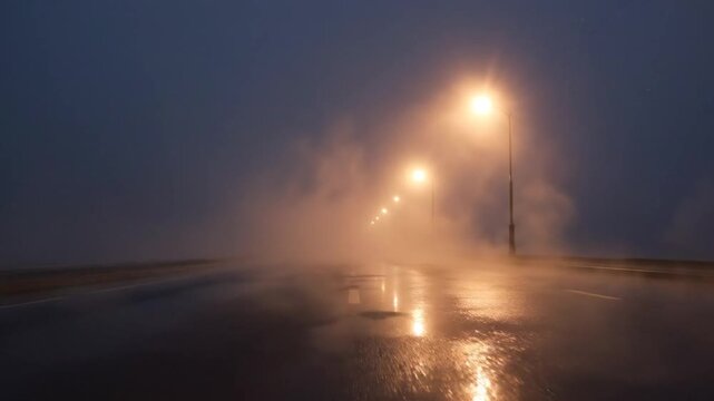 Foggy night street glistens on slick asphalt as distant lamps glow through mist; faint rain softly.