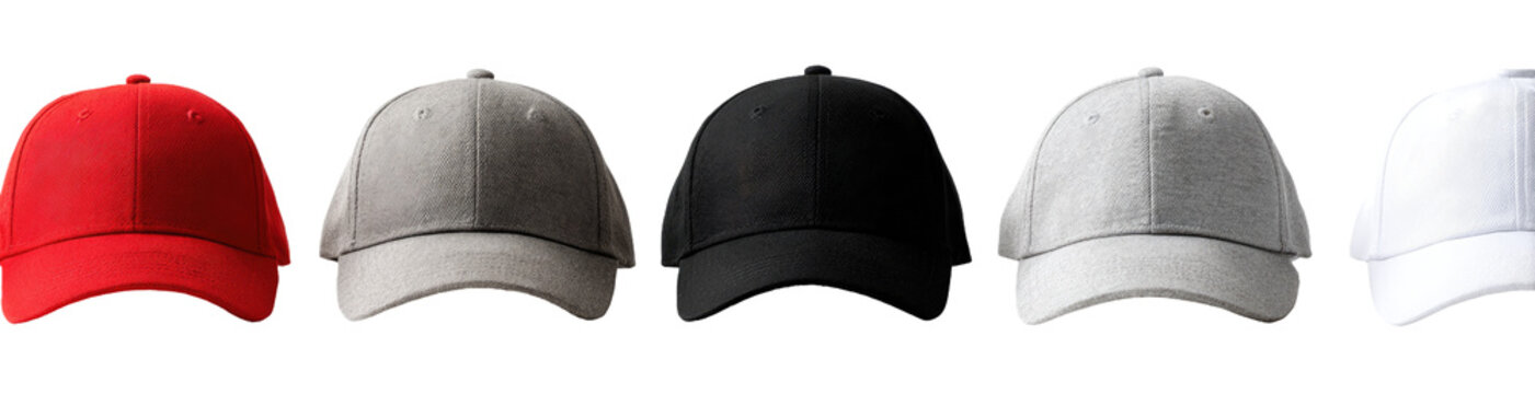 Four blank baseball caps in different colors