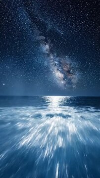 Low flying over the waves at night under a starry sky with the milky way shining overhead and ocean reflections visible