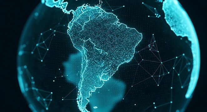 Digital rendering of South America, glowing, connected with data points, against a dark backdrop