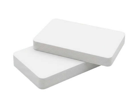 A stack of two sets of blank white rectangular cards with rounded corners arranged in an angle