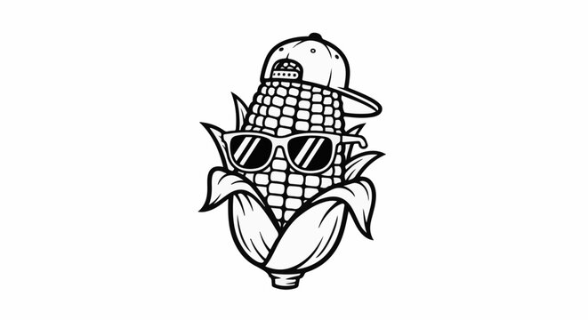 Stylized corn cob wearing sunglasses and a backward baseball cap