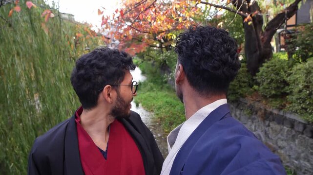 Two men wearing kimono taking selfie in Gion Kyoto Japan
