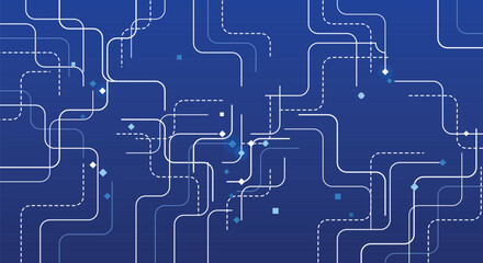 Obraz premium Technology background with white and blue circuit board lines and geometric shapes representing data flow connectivity and modern digital infrastructure systems