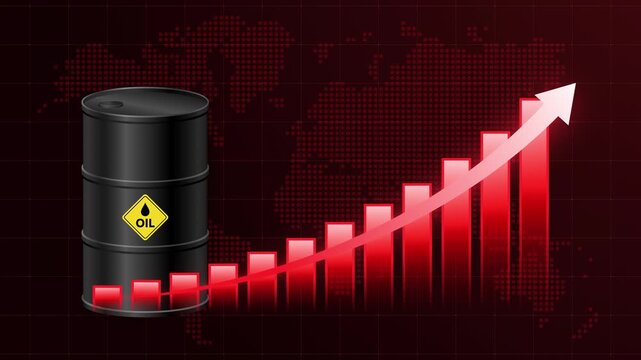 Oil price surge and energy crisis animation concept. Oil barrel with red chart and upward arrow. Illustrating rising crude oil prices, market growth, supply disruption, and economic impact