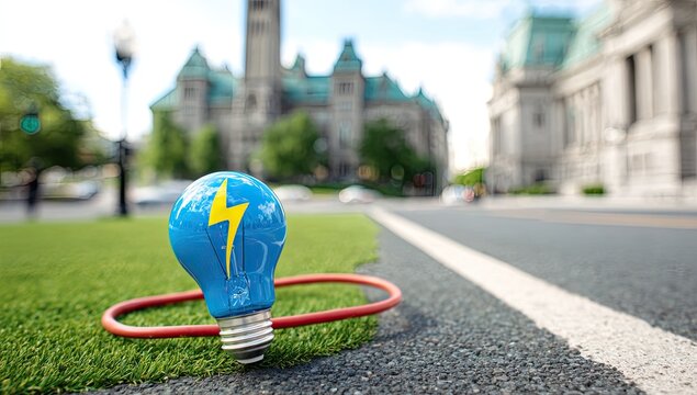 A blue lightbulb with a yellow lightning bolt sits on green grass next to a road