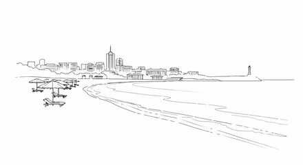 Obraz premium Sketch of a city skyline overlooking a beach with lounge chairs and umbrellas