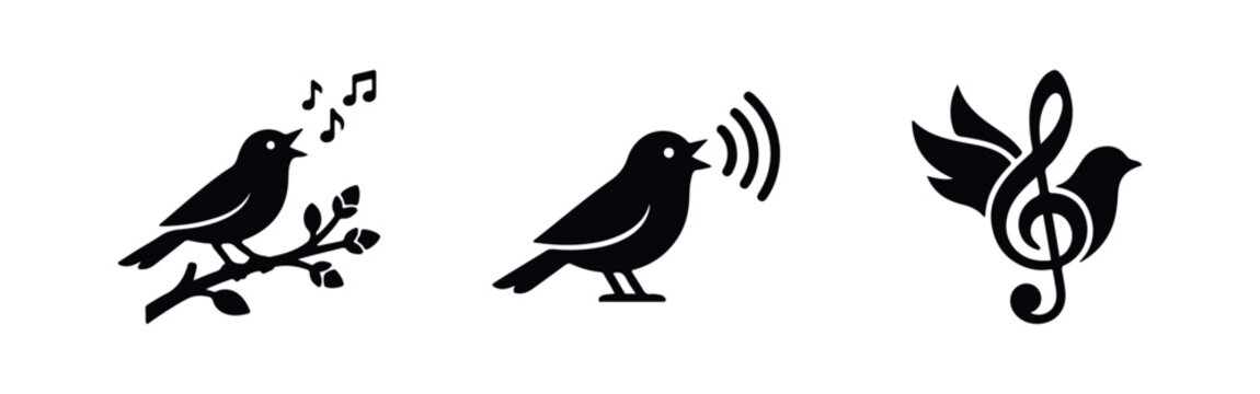 Set of three black bird silhouettes singing, featuring music notes, sound waves, and a treble clef logo, isolated on a white background.