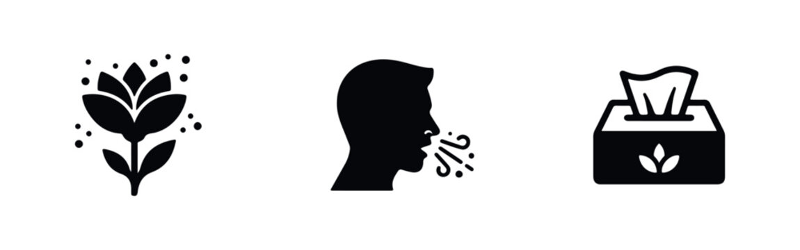 Set of black icons representing seasonal allergies, featuring a pollen-shedding flower, a sneezing person, and a tissue box for relief.