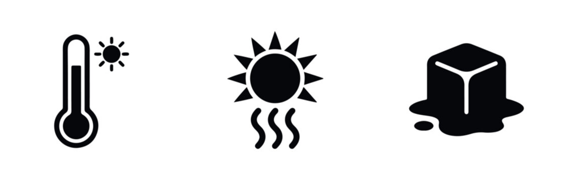 Collection of weather and climate icons depicting high temperature, a sun heatwave, and a melting ice cube, symbolizing global warming and heat.