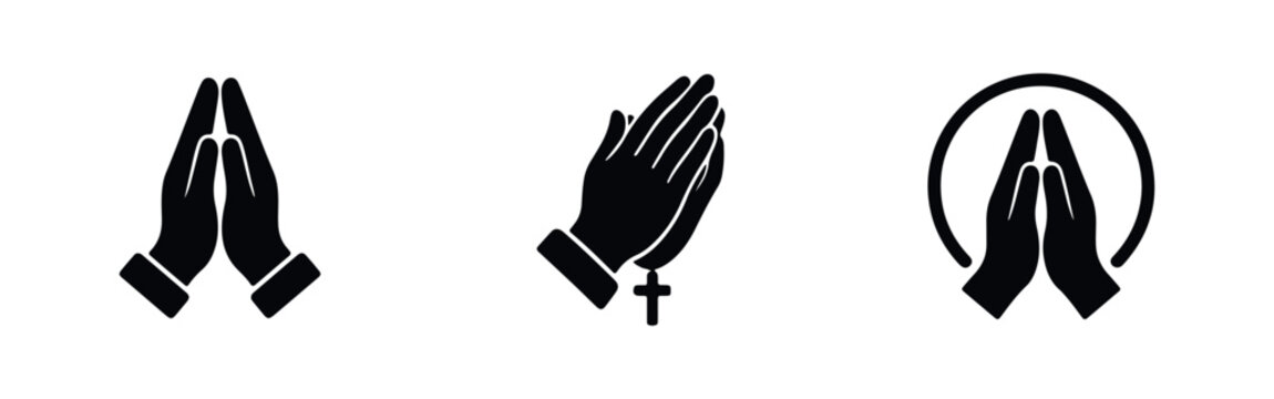 Set of minimalist black praying hands icons, including designs with a rosary and a halo, symbolizing faith, prayer, and religious devotion.