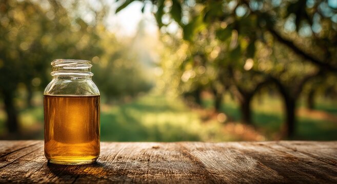 Golden liquid in glass bottle on rustic wood, orchard backdrop, soft sunlit glow