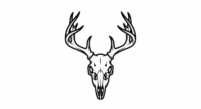 Stylized black and white illustration of a deer skull with antlers